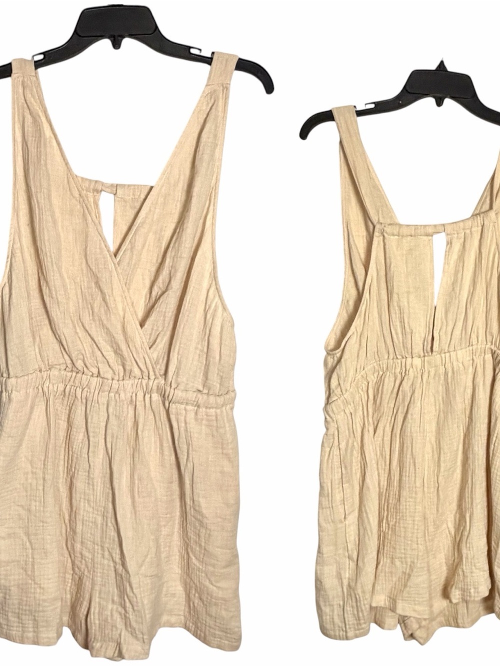 NEW Cupshe Romper Womens XL Beige Surplice Crinkle Gauze Pockets Cover Up Beach